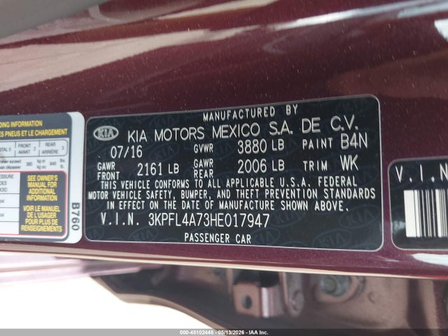 45102448 :رقم المزاد ، 3KPFL4A73HE017947 vin ، 2017 Kia Forte Lx مزاد بيع