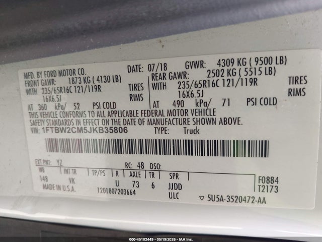 2018 Ford Transit-350 მანქანა იყიდება აუქციონზე, vin: 1FTBW2CM5JKB35806, აუქციონის ნომერი: 45102449