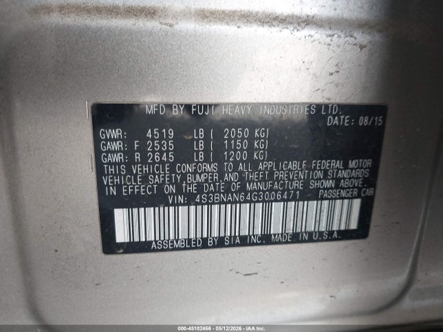 Продаж на аукціоні авто 2016 Subaru Legacy 2.5i Limited, vin: 4S3BNAN64G3006471, номер лоту: 45102466