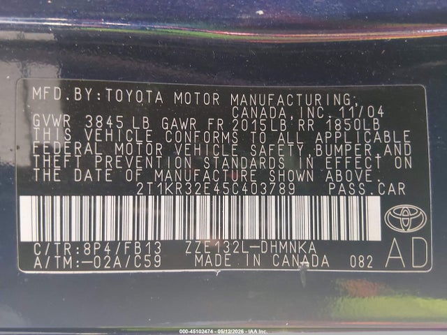 45102474 :رقم المزاد ، 2T1KR32E45C403789 vin ، 2005 Toyota Matrix Xr مزاد بيع
