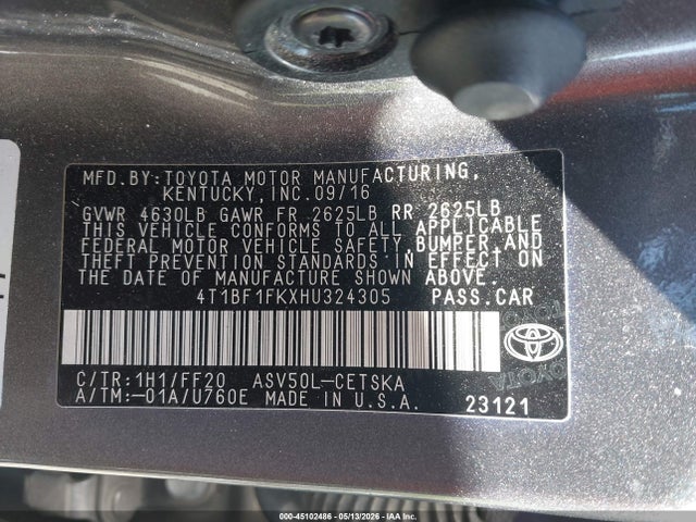 Aukcja sprzedaży 2017 Toyota Camry Se, vin: 4T1BF1FKXHU324305, numer aukcji: 45102486