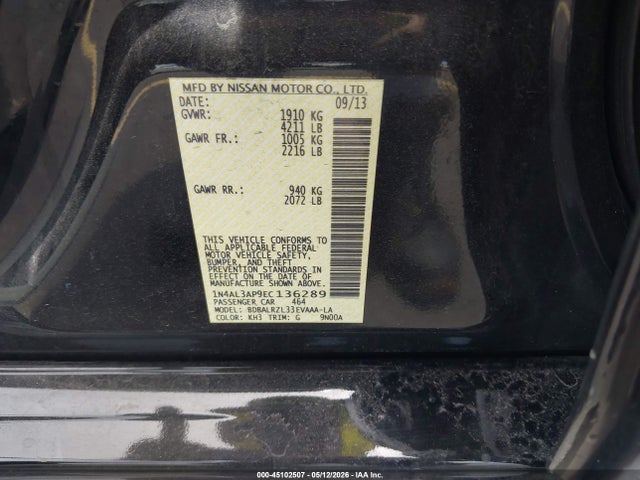 Aukcja sprzedaży 2014 Nissan Altima 2.5 S, vin: 1N4AL3AP9EC136289, numer aukcji: 45102507