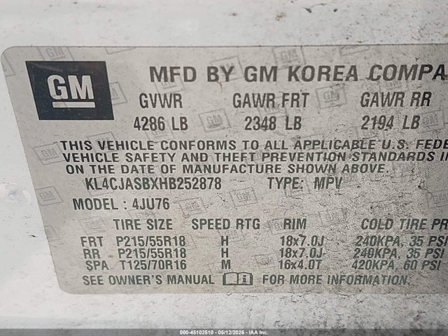 45102510 :رقم المزاد ، KL4CJASBXHB252878 vin ، 2017 Buick Encore Preferred مزاد بيع