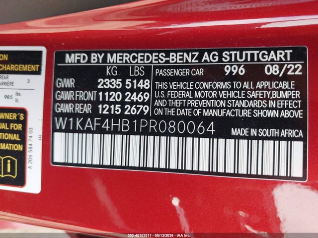 Aukcja sprzedaży 2023 Mercedes-benz C 300 4matic, vin: W1KAF4HB1PR080064, numer aukcji: 45102511