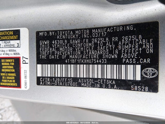 Продажа на аукционе авто 2017 Toyota Camry Se, vin: 4T1BF1FKXHU754433, номер лота: 45102523