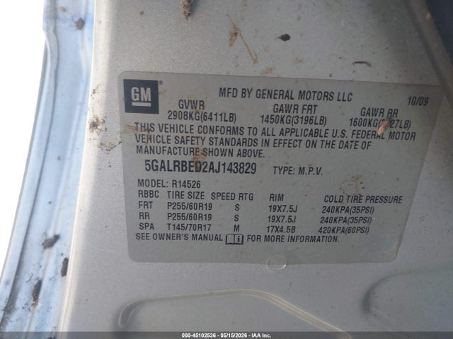 Aukcja sprzedaży 2010 Buick Enclave 1xl, vin: 5GALRBED2AJ143829, numer aukcji: 45102536