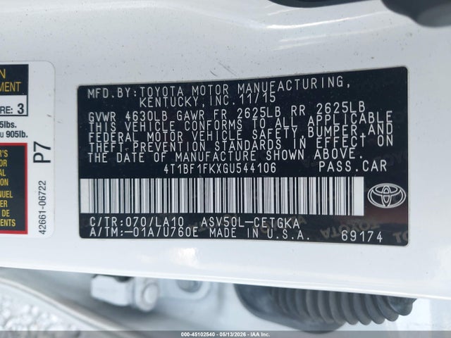 Продаж на аукціоні авто 2016 Toyota Camry Xle, vin: 4T1BF1FKXGU544106, номер лоту: 45102540