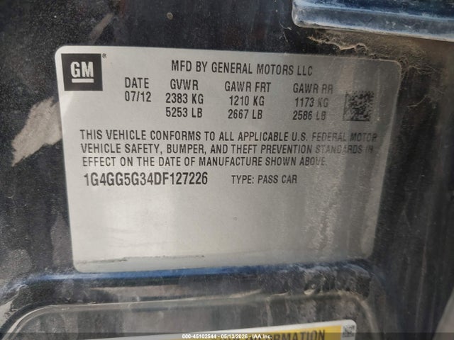 45102544 :رقم المزاد ، 1G4GG5G34DF127226 vin ، 2013 Buick Lacrosse Premium 1 Group مزاد بيع