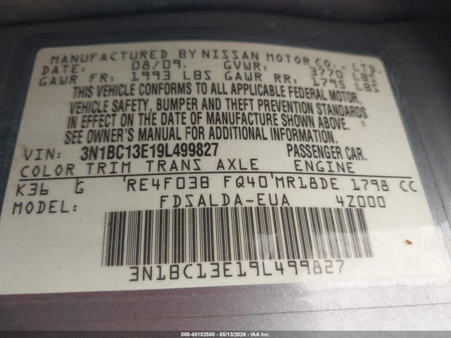 Продажа на аукционе авто 2009 Nissan Versa 1.8s, vin: 3N1BC13E19L499827, номер лота: 45102550