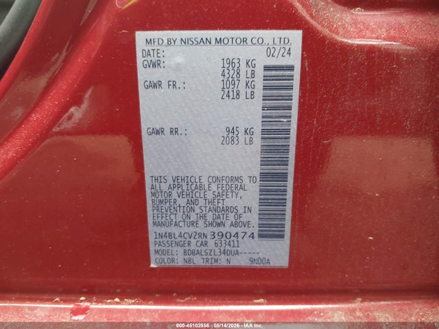 Продажа на аукционе авто 2024 Nissan Altima Sr Fwd, vin: 1N4BL4CV2RN390474, номер лота: 45102556