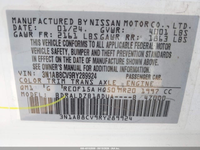 2024 Nissan Sentra Sv Xtronic Cvt მანქანა იყიდება აუქციონზე, vin: 3N1AB8CV9RY289924, აუქციონის ნომერი: 45102559