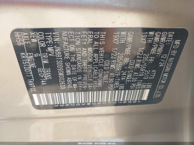 2025 Nissan Rogue Platinum Intelligent Awd მანქანა იყიდება აუქციონზე, vin: JN8BT3DD9SW302633, აუქციონის ნომერი: 45102560
