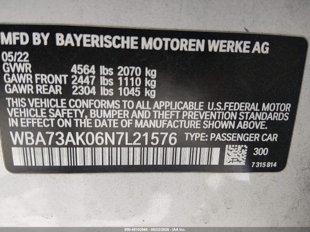 Aukcja sprzedaży 2022 Bmw 228 Gran Coupe I Xdrive, vin: WBA73AK06N7L21576, numer aukcji: 45102568