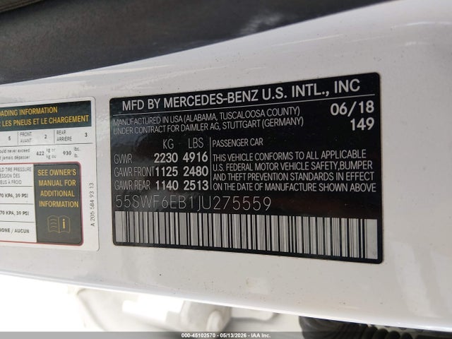 Aukcja sprzedaży 2018 Mercedes-benz Amg C 43 4matic, vin: 55SWF6EB1JU275559, numer aukcji: 45102570