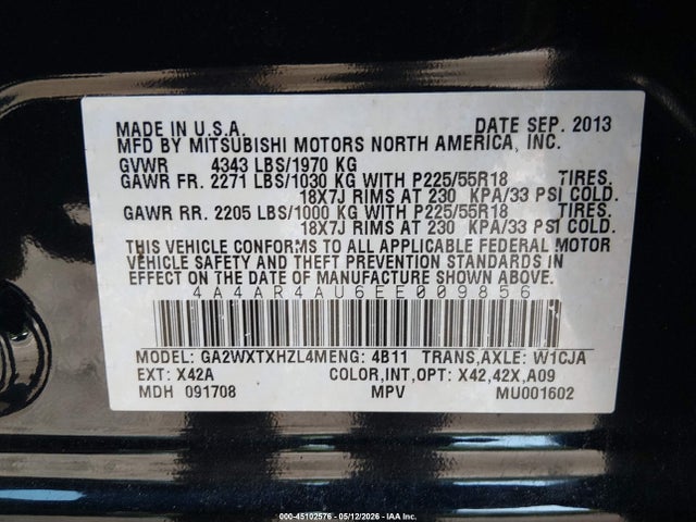 Aukcja sprzedaży 2014 Mitsubishi Outlander Sport Se, vin: 4A4AR4AU6EE009856, numer aukcji: 45102576