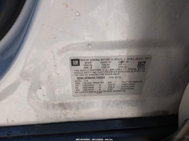 Продажа на аукционе авто 2017 Chevrolet Trax Ls, vin: 3GNCJKSB6HL199324, номер лота: 45102583