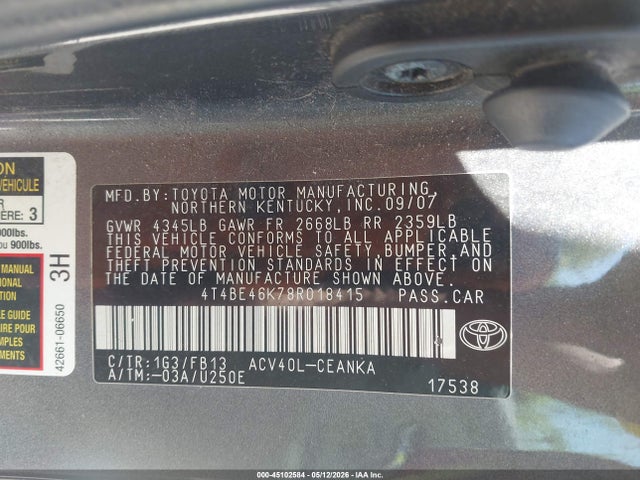 2008 Toyota Camry Le მანქანა იყიდება აუქციონზე, vin: 4T4BE46K78R018415, აუქციონის ნომერი: 45102584