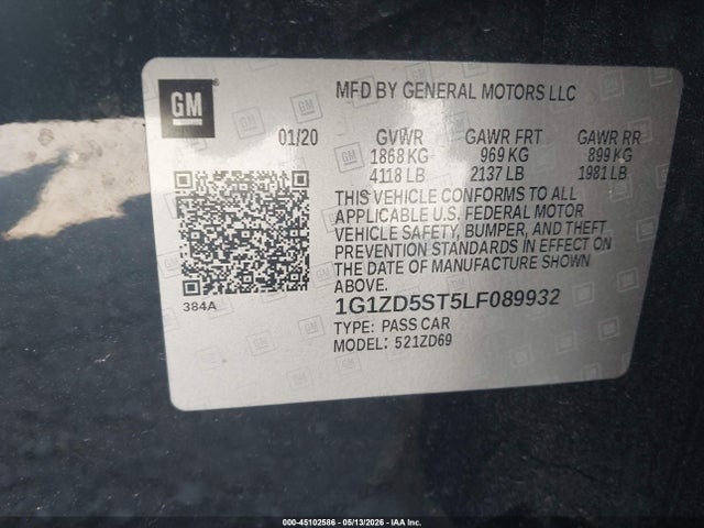 45102586 :رقم المزاد ، 1G1ZD5ST5LF089932 vin ، 2020 Chevrolet Malibu Fwd Lt مزاد بيع