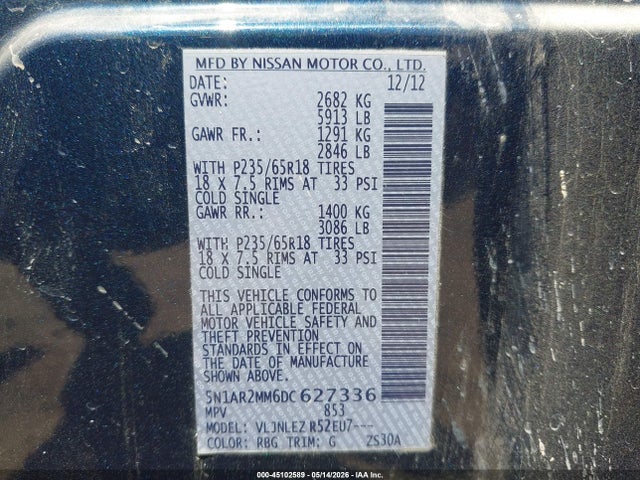 2013 Nissan Pathfinder Sv მანქანა იყიდება აუქციონზე, vin: 5N1AR2MM6DC627336, აუქციონის ნომერი: 45102589