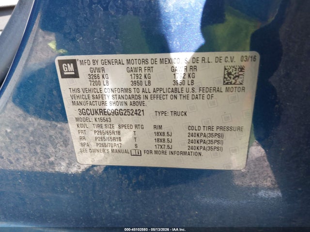 45102593 :رقم المزاد ، 3GCUKREC9GG252421 vin ، 2016 Chevrolet Silverado 1500 2lt مزاد بيع
