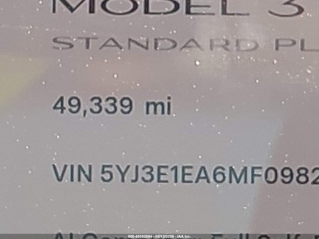 2021 Tesla Model 3 Standard Range Plus Rear-wheel Drive მანქანა იყიდება აუქციონზე, vin: 5YJ3E1EA6MF098299, აუქციონის ნომერი: 45102594