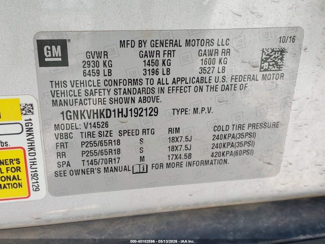 45102596 :رقم المزاد ، 1GNKVHKD1HJ192129 vin ، 2017 Chevrolet Traverse 2lt مزاد بيع