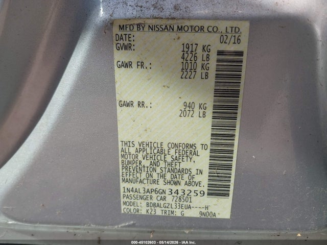 Продажа на аукционе авто 2016 Nissan Altima 2.5 S, vin: 1N4AL3AP6GN343259, номер лота: 45102603