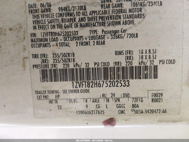 Продажа на аукционе авто 2007 Ford Mustang, vin: 1ZVFT82H675202533, номер лота: 45102605