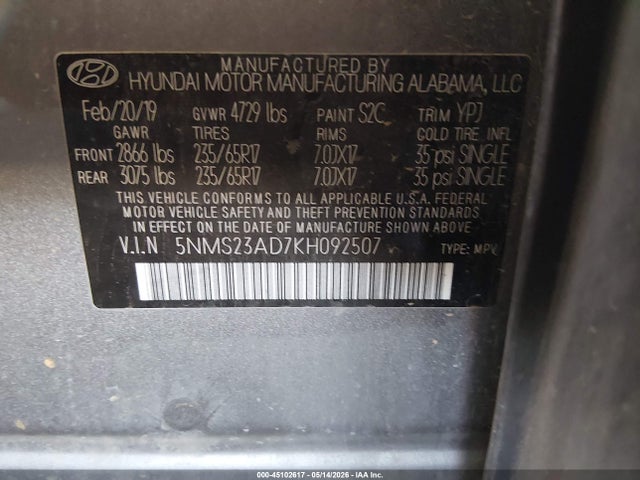 Продажа на аукционе авто 2019 Hyundai Santa Fe Se, vin: 5NMS23AD7KH092507, номер лота: 45102617