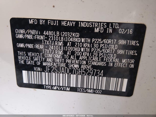 Продажа на аукционе авто 2016 Subaru Forester 2.5i Premium, vin: JF2SJADC7GH529734, номер лота: 45102623