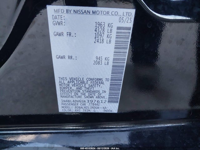 Продажа на аукционе авто 2025 Nissan Altima Sv Fwd, vin: 1N4BL4DV6SN397612, номер лота: 45102624