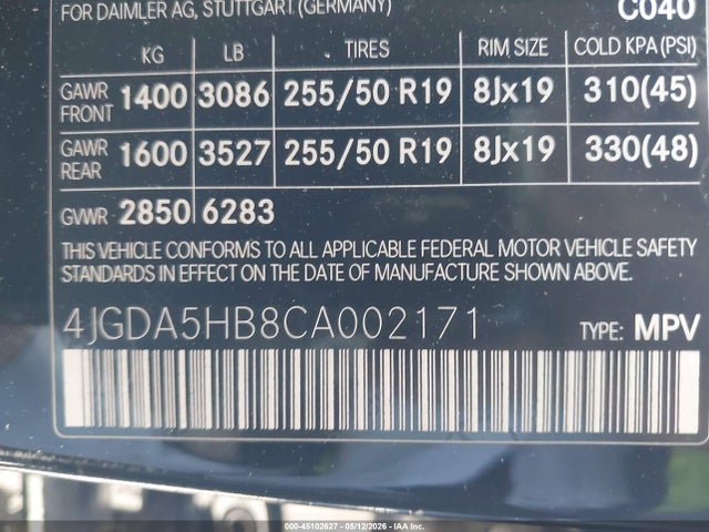 45102627 :رقم المزاد ، 4JGDA5HB8CA002171 vin ، 2012 Mercedes-benz Ml 350 4matic مزاد بيع