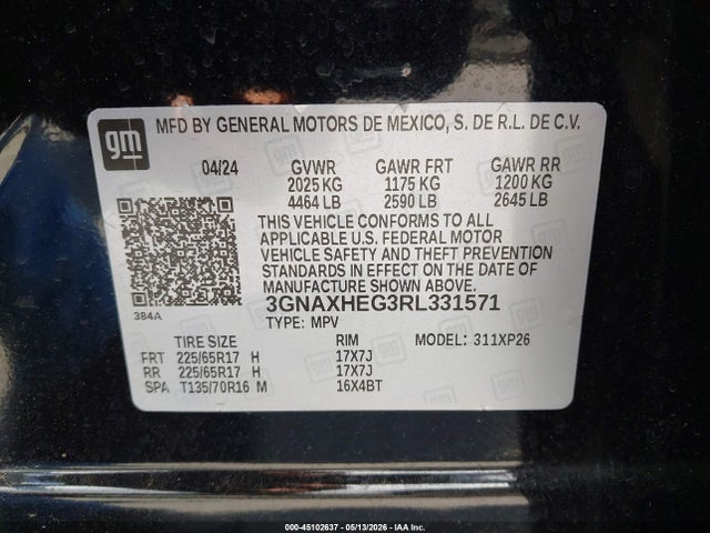 Aukcja sprzedaży 2024 Chevrolet Equinox Fwd Ls, vin: 3GNAXHEG3RL331571, numer aukcji: 45102637