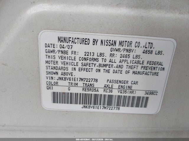 Продаж на аукціоні авто 2007 Infiniti G35 Sport, vin: JNKBV61E17M722778, номер лоту: 45102641