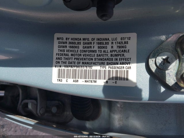 Aukcja sprzedaży 2012 Honda Civic Lx, vin: 19XFB2F56CE078782, numer aukcji: 45102656