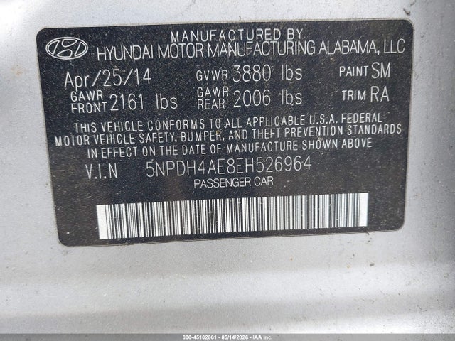 Aukcja sprzedaży 2014 Hyundai Elantra Se, vin: 5NPDH4AE8EH526964, numer aukcji: 45102661