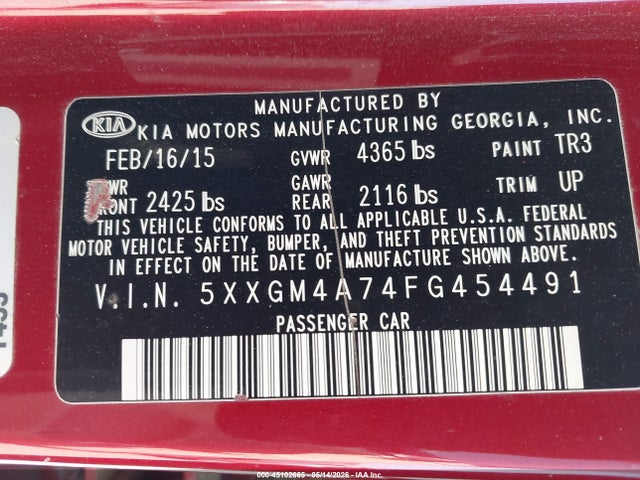 Продаж на аукціоні авто 2015 Kia Optima Lx, vin: 5XXGM4A74FG454491, номер лоту: 45102665