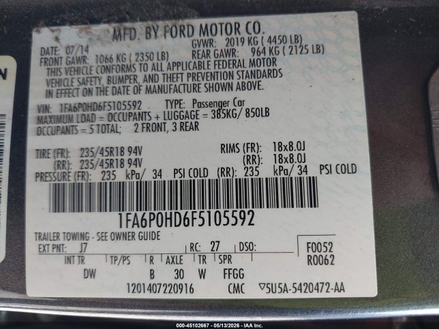 2015 Ford Fusion Se მანქანა იყიდება აუქციონზე, vin: 1FA6P0HD6F5105592, აუქციონის ნომერი: 45102667