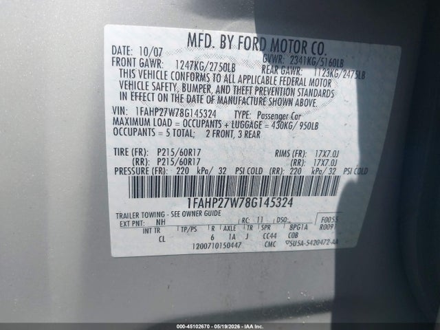 Aukcja sprzedaży 2008 Ford Taurus Sel, vin: 1FAHP27W78G145324, numer aukcji: 45102670