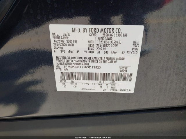 45102671 :رقم المزاد ، 1FM5K8GTXHGD13523 vin ، 2017 Ford Explorer Sport مزاد بيع