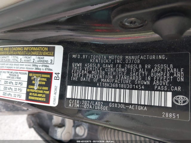 Aukcja sprzedaży 2008 Toyota Avalon Xl/xls/touring/limited, vin: 4T1BK36B18U301454, numer aukcji: 45102678