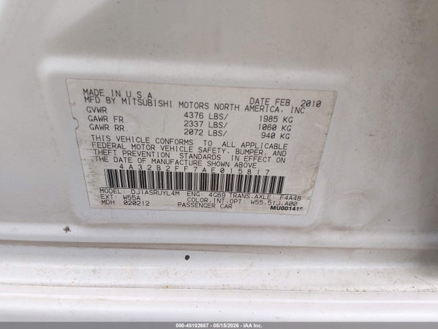 Продажа на аукционе авто 2010 Mitsubishi Galant Fe, vin: 4A32B2FF7AE015817, номер лота: 45102687
