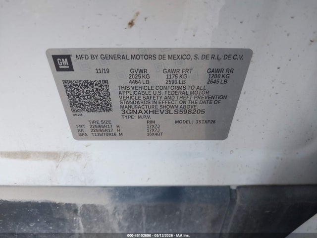 Aukcja sprzedaży 2020 Chevrolet Equinox Fwd Ls, vin: 3GNAXHEV3LS598205, numer aukcji: 45102690