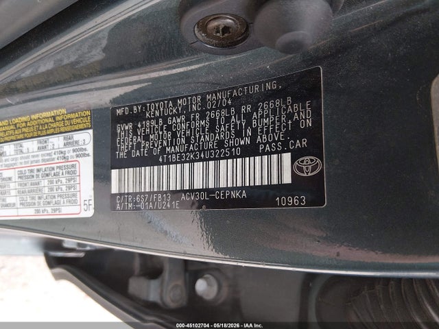 2004 Toyota Camry Le მანქანა იყიდება აუქციონზე, vin: 4T1BE32K34U322510, აუქციონის ნომერი: 45102704