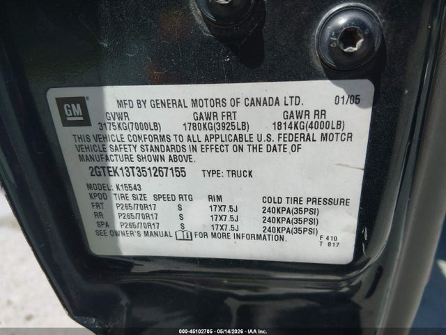 Продажа на аукционе авто 2005 Gmc Sierra 1500 Slt, vin: 2GTEK13T351267155, номер лота: 45102705
