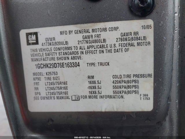 2006 Chevrolet Silverado 2500hd Lt1 მანქანა იყიდება აუქციონზე, vin: 1GCHK29D76E163304, აუქციონის ნომერი: 45102712