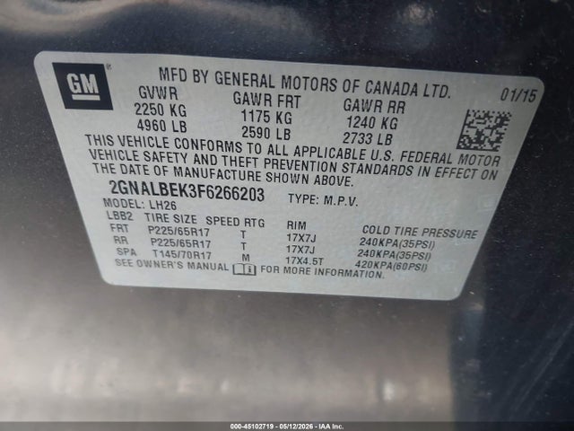 Продаж на аукціоні авто 2015 Chevrolet Equinox 1lt, vin: 2GNALBEK3F6266203, номер лоту: 45102719
