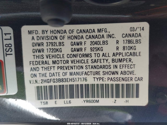 Продаж на аукціоні авто 2014 Honda Civic Ex, vin: 2HGFG3B83EH517176, номер лоту: 45102737