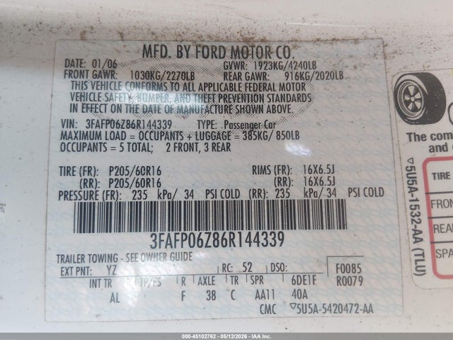 Aukcja sprzedaży 2006 Ford Fusion S, vin: 3FAFP06Z86R144339, numer aukcji: 45102762