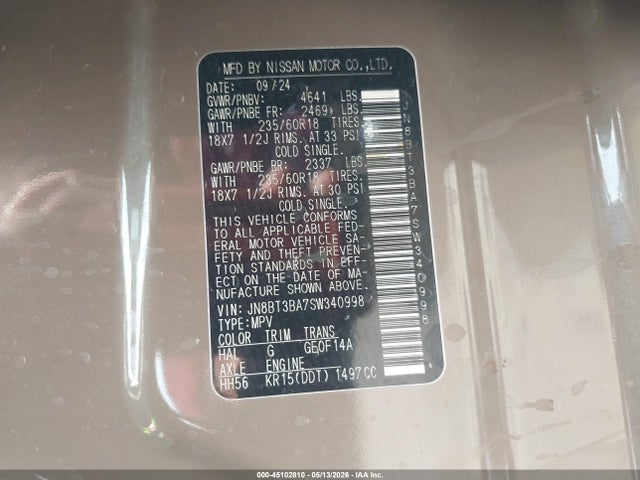 2025 Nissan Rogue Sv Fwd მანქანა იყიდება აუქციონზე, vin: JN8BT3BA7SW340998, აუქციონის ნომერი: 45102810